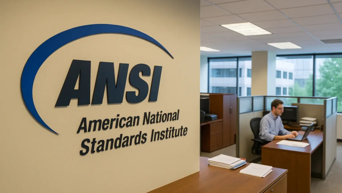 ANSI office interior with American National Standards Institute sign beside workstation.